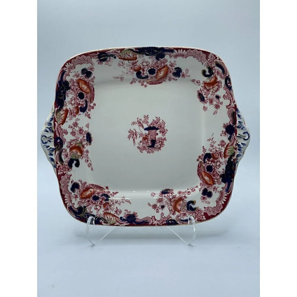 Royal Staffordshire Arcadia Red Blue Square Handled Platter Victorian Antique